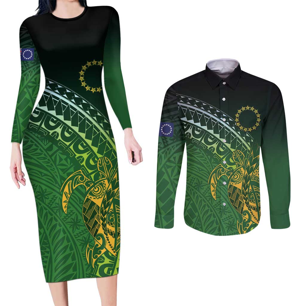 Cook Islands Rugby Kuki Avaiki Couples Matching Long Sleeve Bodycon Dress and Long Sleeve Button Shirt Tribal Turtle - Polynesian Pride