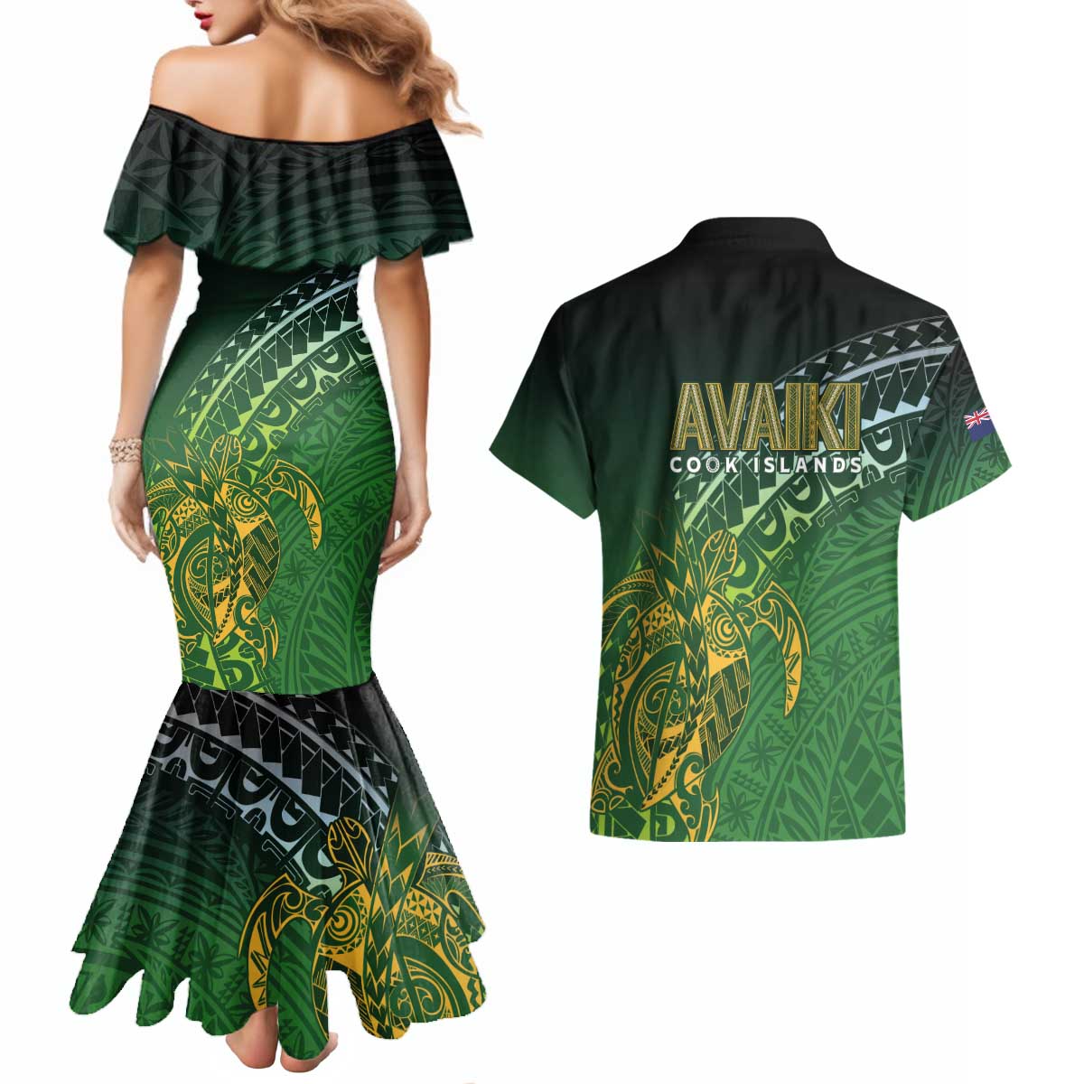 Cook Islands Rugby Kuki Avaiki Couples Matching Mermaid Dress and Hawaiian Shirt Tribal Turtle - Polynesian Pride