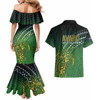 Cook Islands Rugby Kuki Avaiki Couples Matching Mermaid Dress and Hawaiian Shirt Tribal Turtle - Polynesian Pride