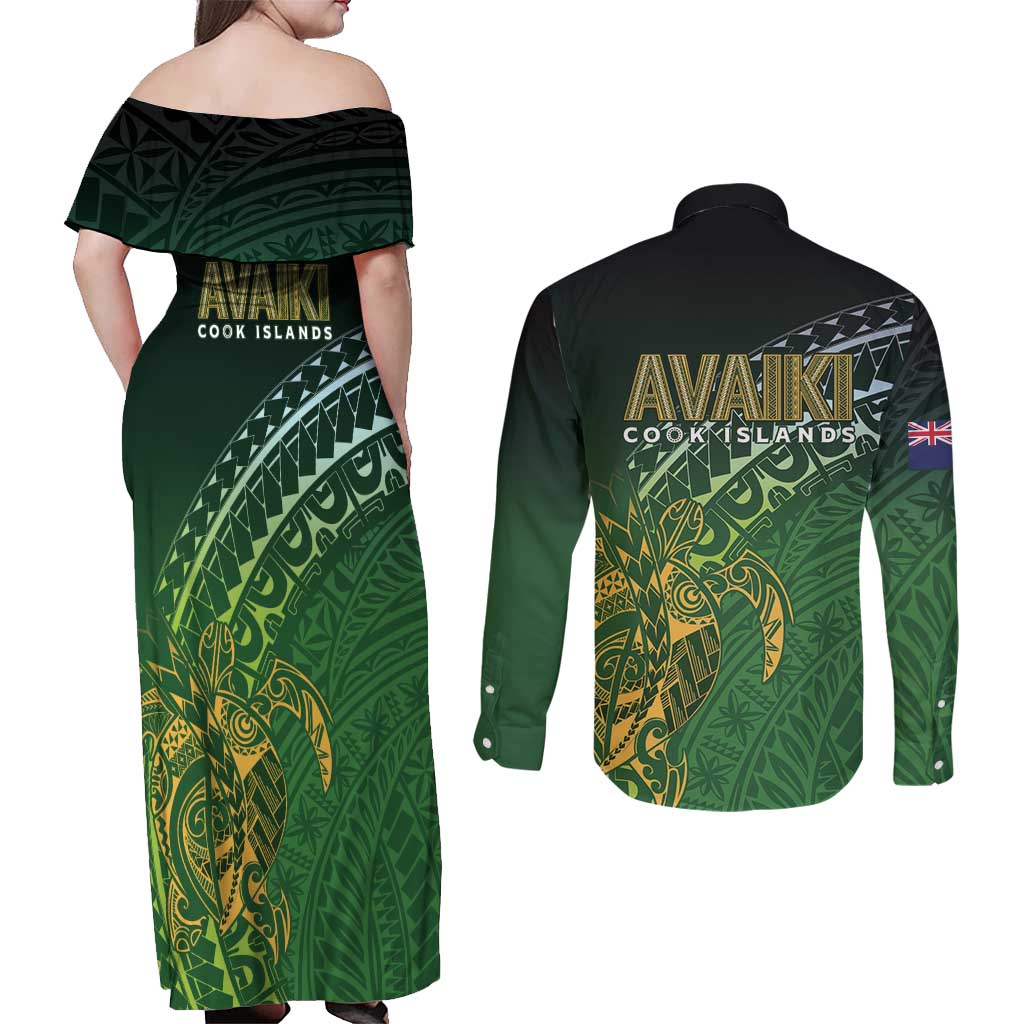 Cook Islands Rugby Kuki Avaiki Couples Matching Off Shoulder Maxi Dress and Long Sleeve Button Shirt Tribal Turtle - Polynesian Pride