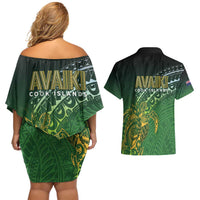 Cook Islands Rugby Kuki Avaiki Couples Matching Off Shoulder Short Dress and Hawaiian Shirt Tribal Turtle - Polynesian Pride