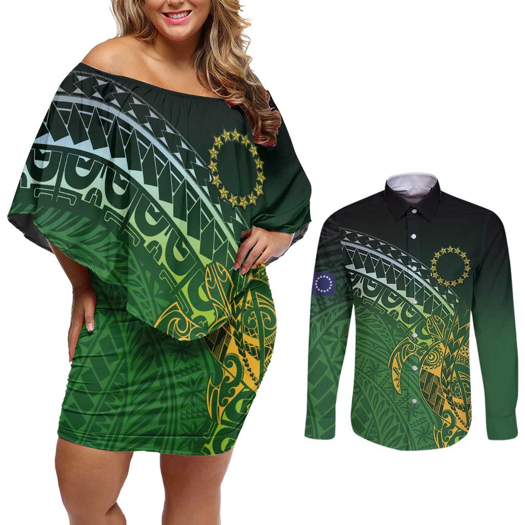 Cook Islands Rugby Kuki Avaiki Couples Matching Off Shoulder Short Dress and Long Sleeve Button Shirt Tribal Turtle - Polynesian Pride