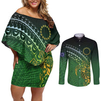 Cook Islands Rugby Kuki Avaiki Couples Matching Off Shoulder Short Dress and Long Sleeve Button Shirt Tribal Turtle - Polynesian Pride