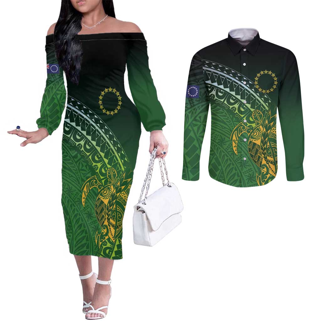 Cook Islands Rugby Kuki Avaiki Couples Matching Off The Shoulder Long Sleeve Dress and Long Sleeve Button Shirt Tribal Turtle - Polynesian Pride