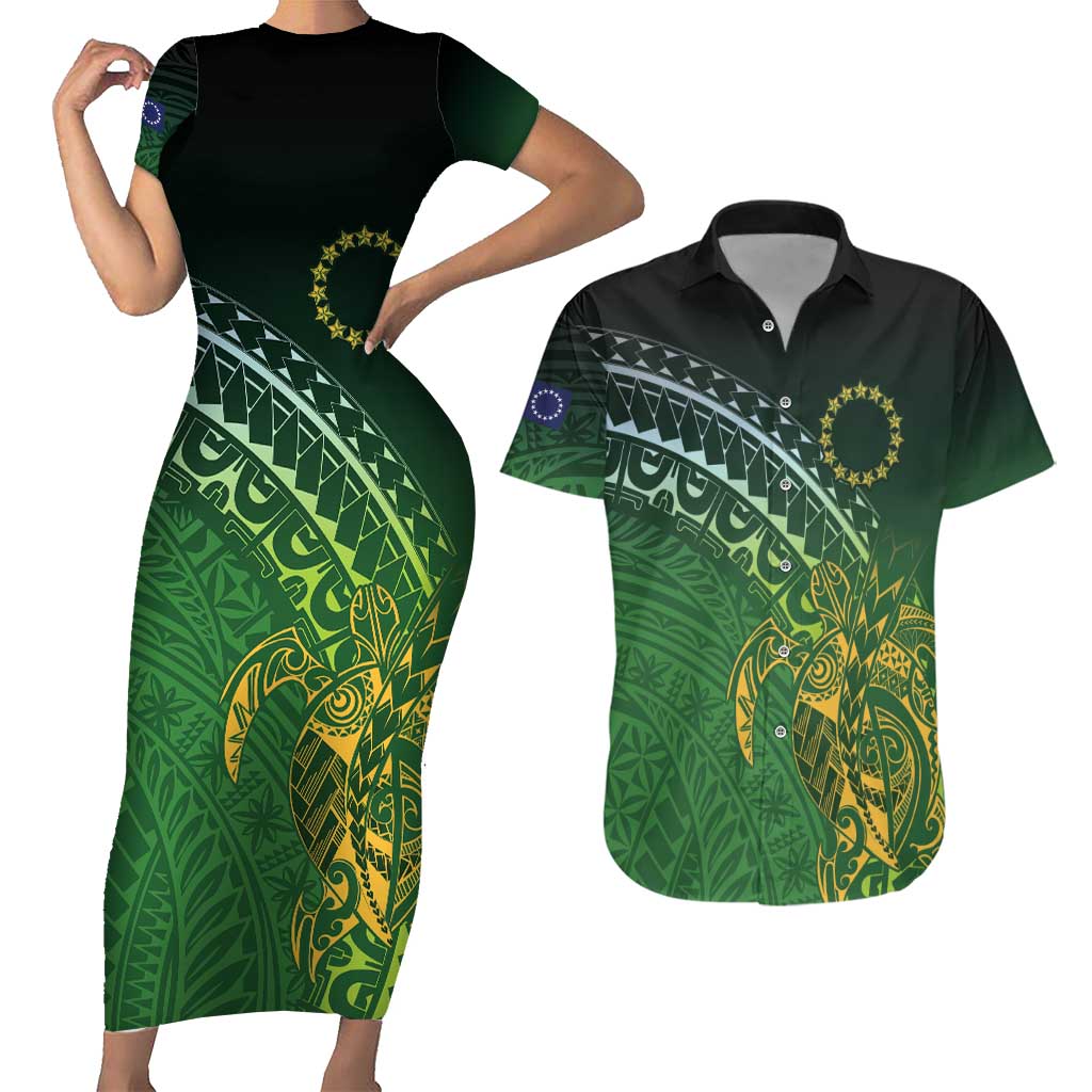 Cook Islands Rugby Kuki Avaiki Couples Matching Short Sleeve Bodycon Dress and Hawaiian Shirt Tribal Turtle - Polynesian Pride