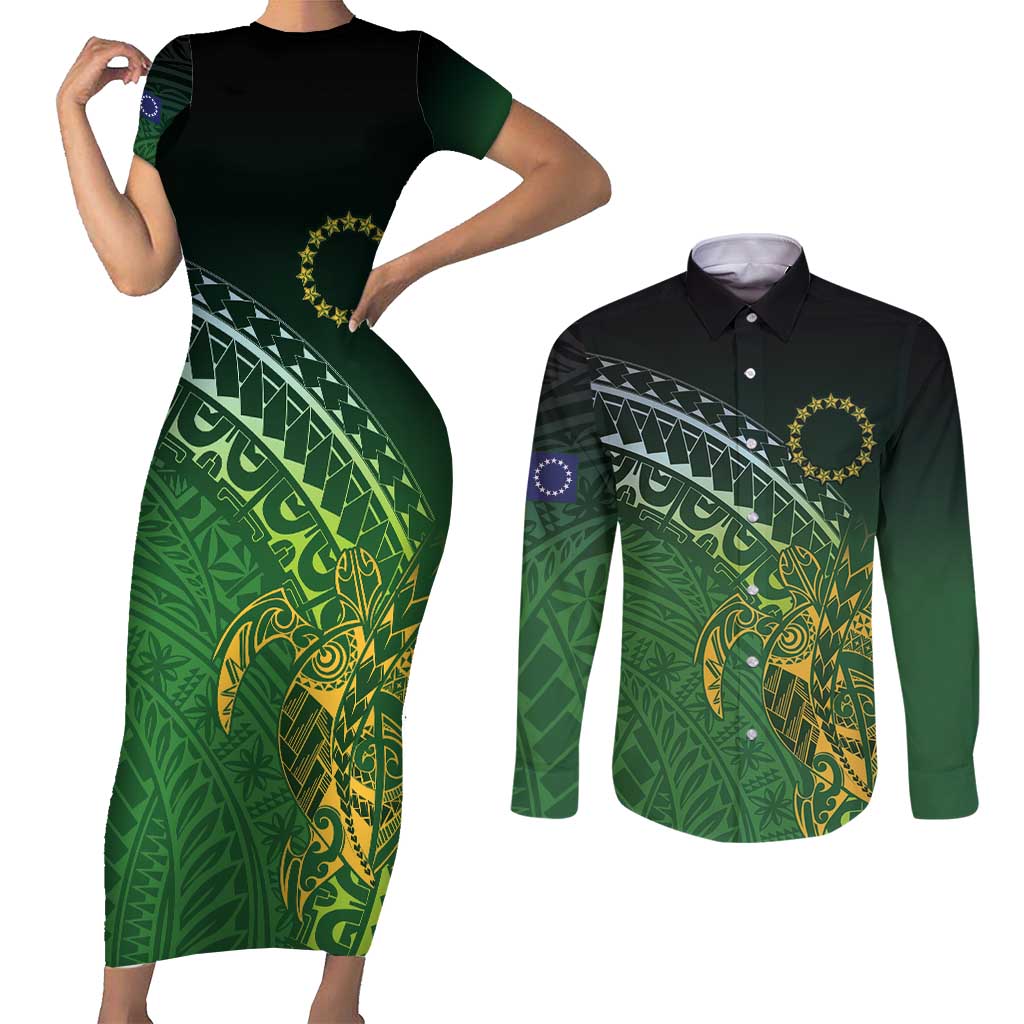 Cook Islands Rugby Kuki Avaiki Couples Matching Short Sleeve Bodycon Dress and Long Sleeve Button Shirt Tribal Turtle - Polynesian Pride