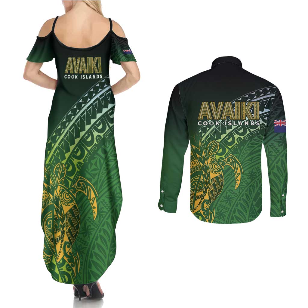 Cook Islands Rugby Kuki Avaiki Couples Matching Summer Maxi Dress and Long Sleeve Button Shirt Tribal Turtle - Polynesian Pride