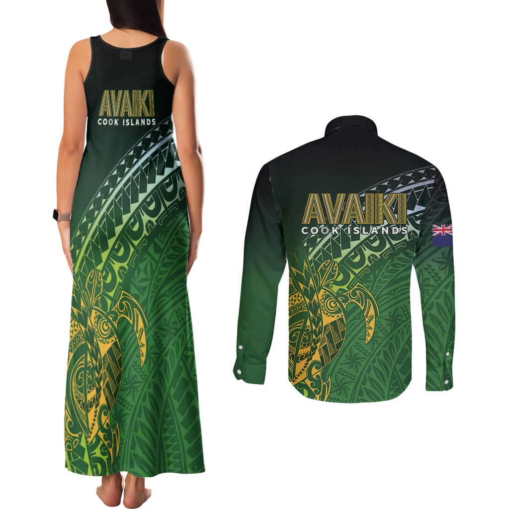 Cook Islands Rugby Kuki Avaiki Couples Matching Tank Maxi Dress and Long Sleeve Button Shirt Tribal Turtle - Polynesian Pride