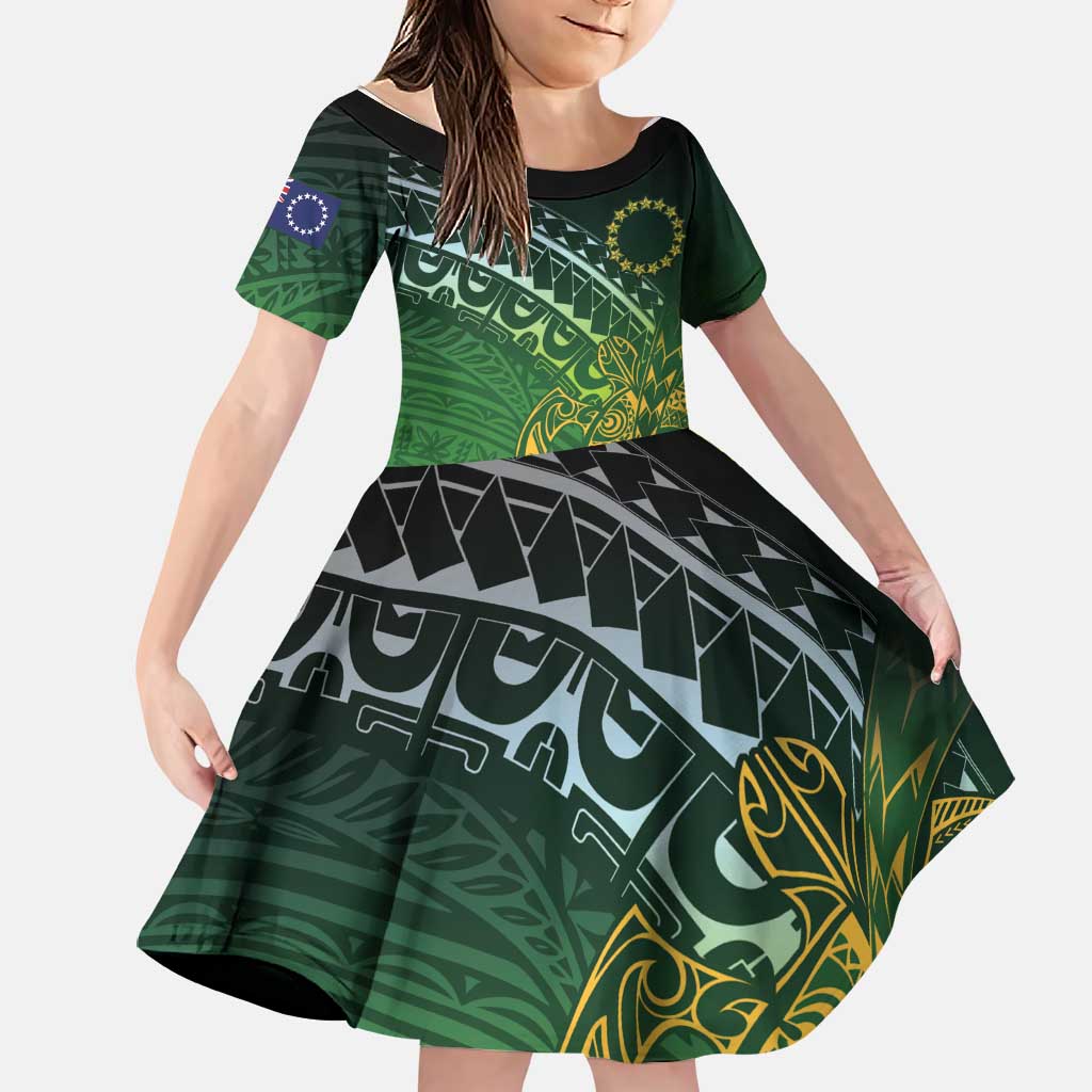 Cook Islands Rugby Kuki Avaiki Family Matching Mermaid Dress and Hawaiian Shirt Tribal Turtle LT7 Daughter's Dress Dark Green - Polynesian Pride