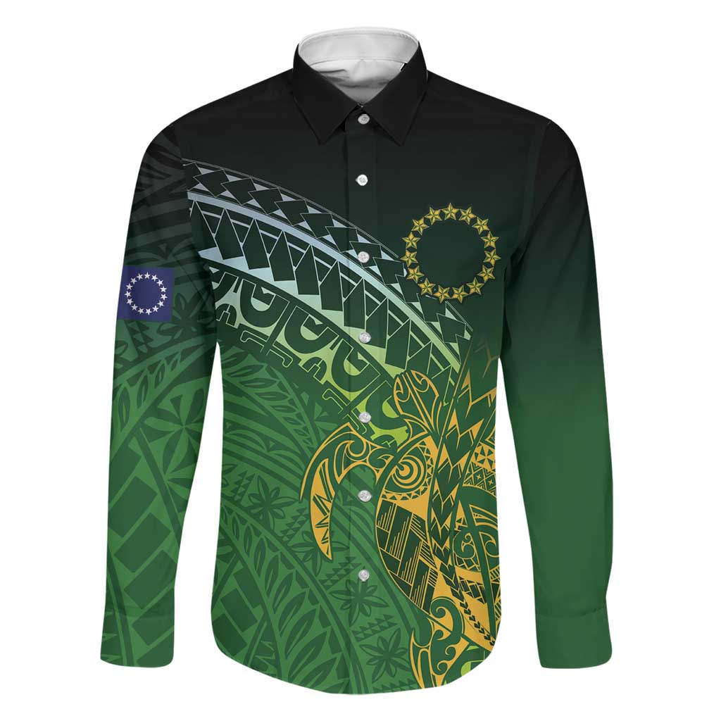 Cook Islands Rugby Kuki Avaiki Family Matching Mermaid Dress and Hawaiian Shirt Tribal Turtle LT7 Dad's Shirt - Long Sleeve Dark Green - Polynesian Pride