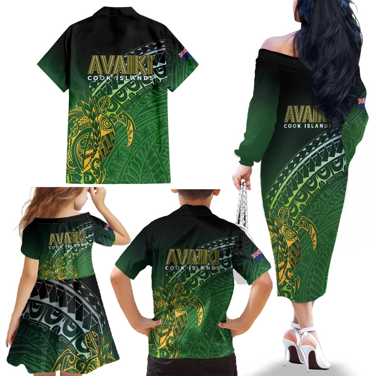 Cook Islands Rugby Kuki Avaiki Family Matching Off The Shoulder Long Sleeve Dress and Hawaiian Shirt Tribal Turtle - Polynesian Pride