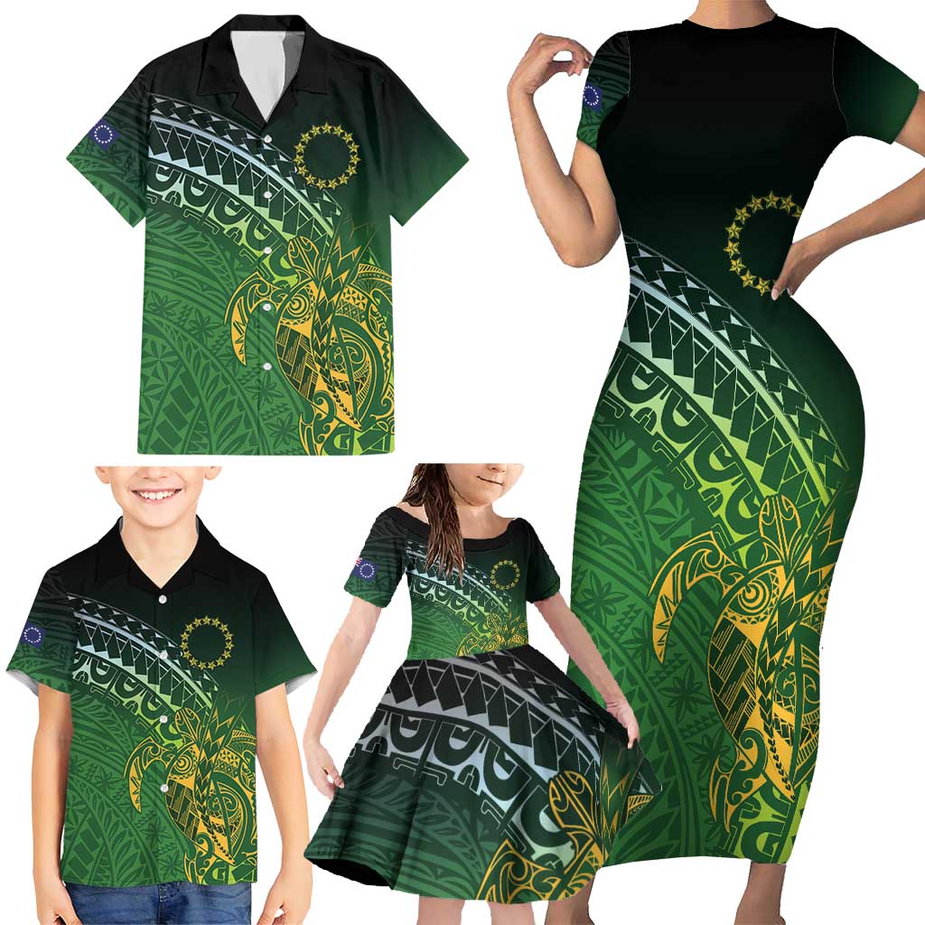 Cook Islands Rugby Kuki Avaiki Family Matching Short Sleeve Bodycon Dress and Hawaiian Shirt Tribal Turtle - Polynesian Pride