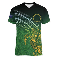 Cook Islands Rugby Kuki Avaiki Women V-Neck T-Shirt Tribal Turtle - Polynesian Pride