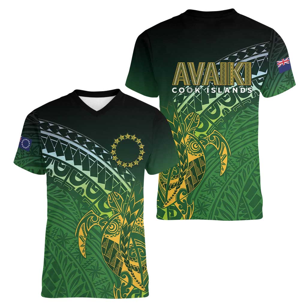 Cook Islands Rugby Kuki Avaiki Women V-Neck T-Shirt Tribal Turtle - Polynesian Pride