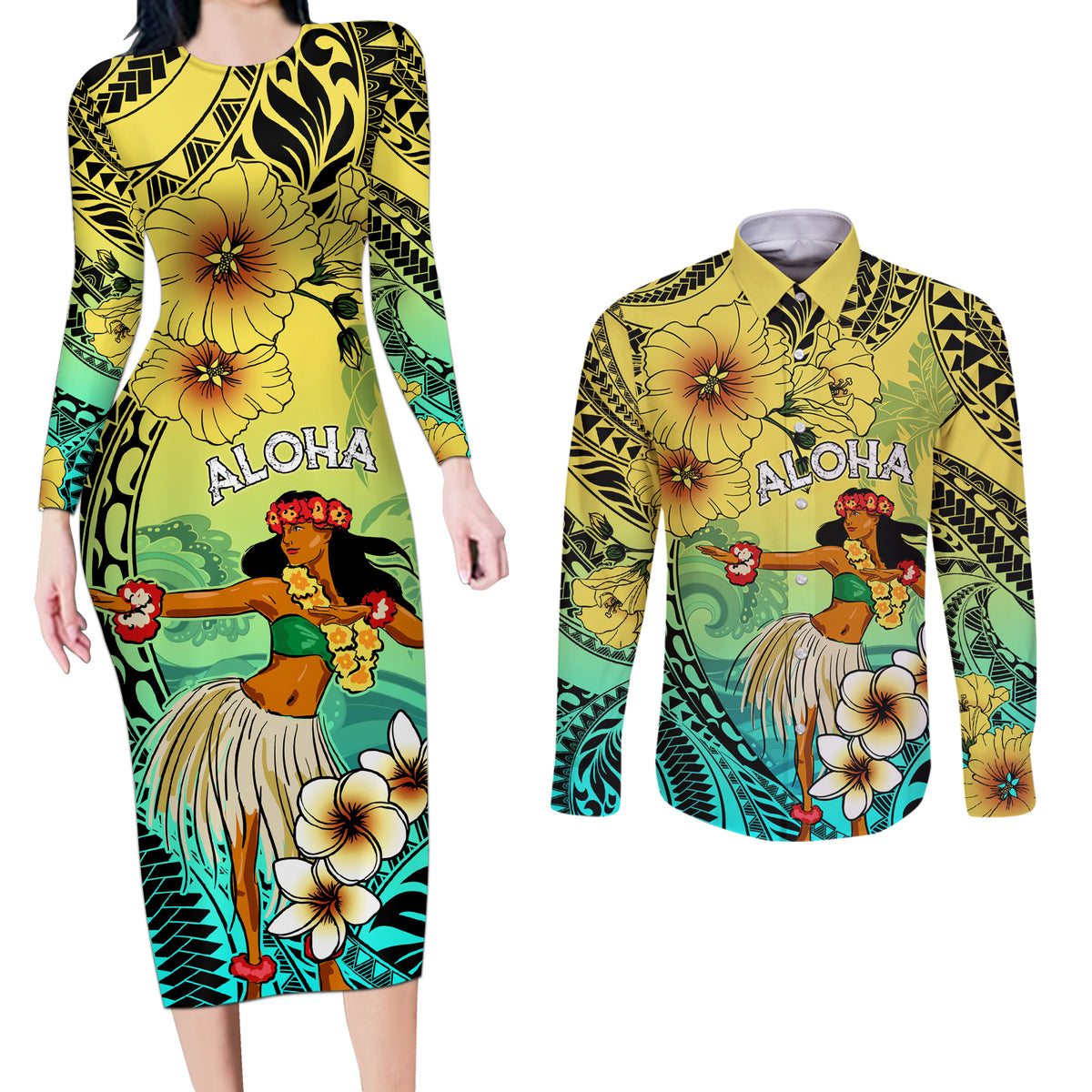 Honolulu Hawaii Couples Matching Long Sleeve Bodycon Dress and Long Sleeve Button Shirt Ilima Plumeria with Hula Girl LT7 Colorful - Polynesian Pride