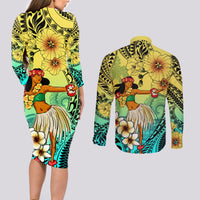 Honolulu Hawaii Couples Matching Long Sleeve Bodycon Dress and Long Sleeve Button Shirt Ilima Plumeria with Hula Girl LT7 - Polynesian Pride