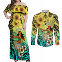 Honolulu Hawaii Couples Matching Off Shoulder Maxi Dress and Long Sleeve Button Shirt Ilima Plumeria with Hula Girl LT7 Colorful - Polynesian Pride