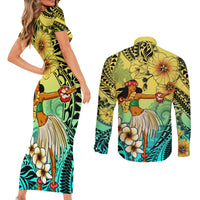 Honolulu Hawaii Couples Matching Short Sleeve Bodycon Dress and Long Sleeve Button Shirt Ilima Plumeria with Hula Girl LT7 - Polynesian Pride