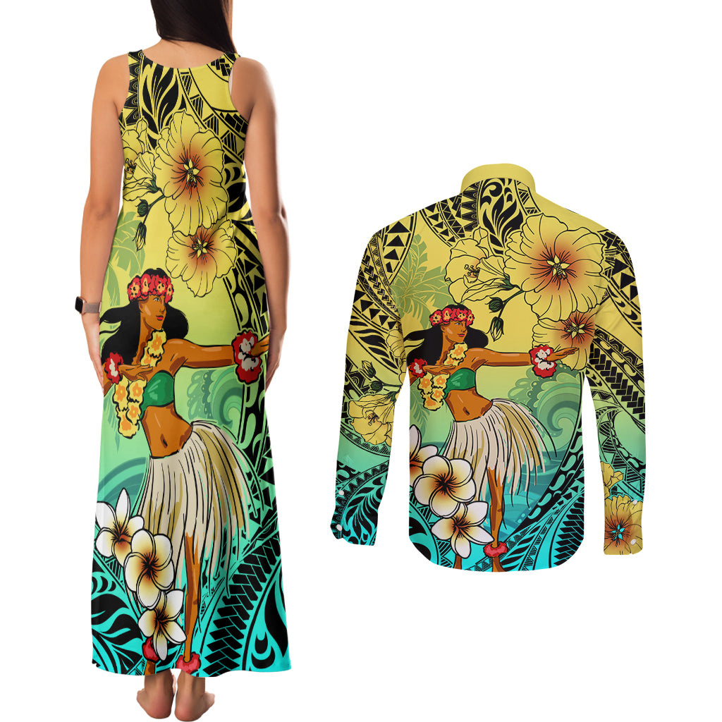 Honolulu Hawaii Couples Matching Tank Maxi Dress and Long Sleeve Button Shirt Ilima Plumeria with Hula Girl LT7 - Polynesian Pride