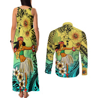 Honolulu Hawaii Couples Matching Tank Maxi Dress and Long Sleeve Button Shirt Ilima Plumeria with Hula Girl LT7 - Polynesian Pride