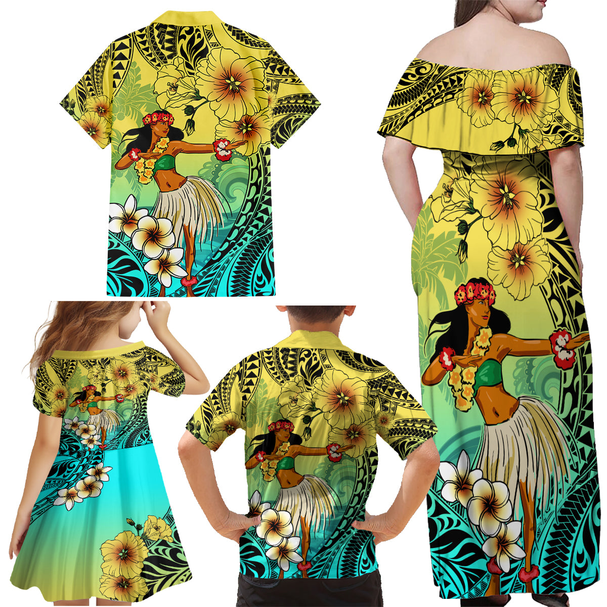 Honolulu Hawaii Family Matching Off Shoulder Maxi Dress and Hawaiian Shirt Ilima Plumeria with Hula Girl LT7 - Polynesian Pride