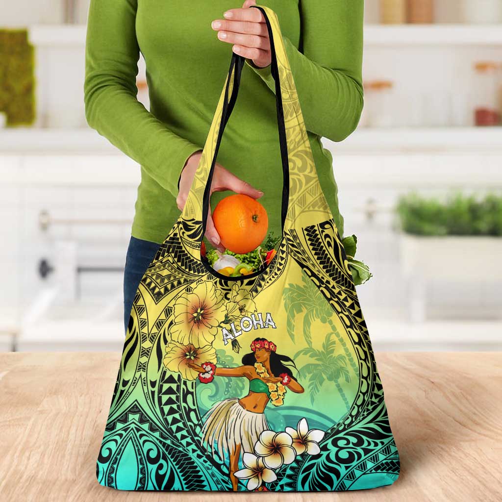 Honolulu Hawaii Grocery Bag Ilima Plumeria with Hula Girl LT7 - Polynesian Pride