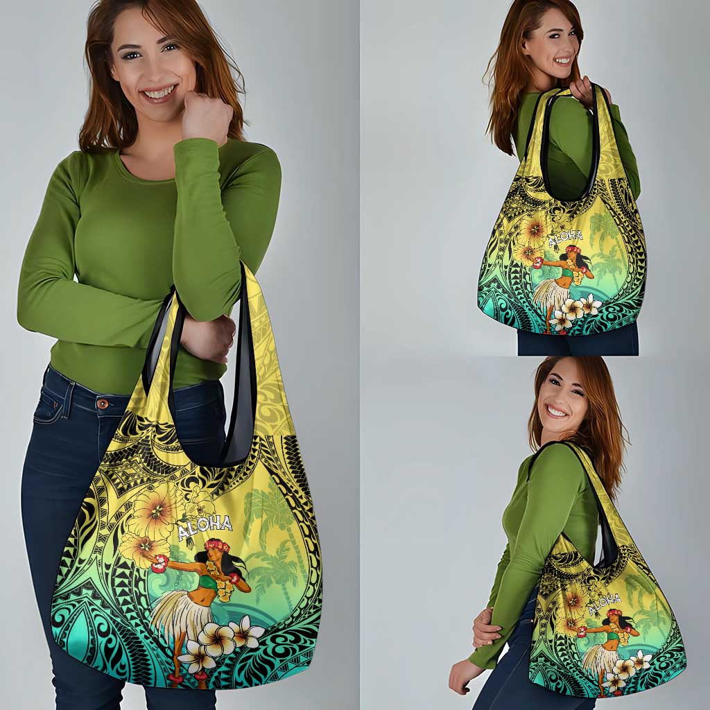 Honolulu Hawaii Grocery Bag Ilima Plumeria with Hula Girl LT7 - Polynesian Pride