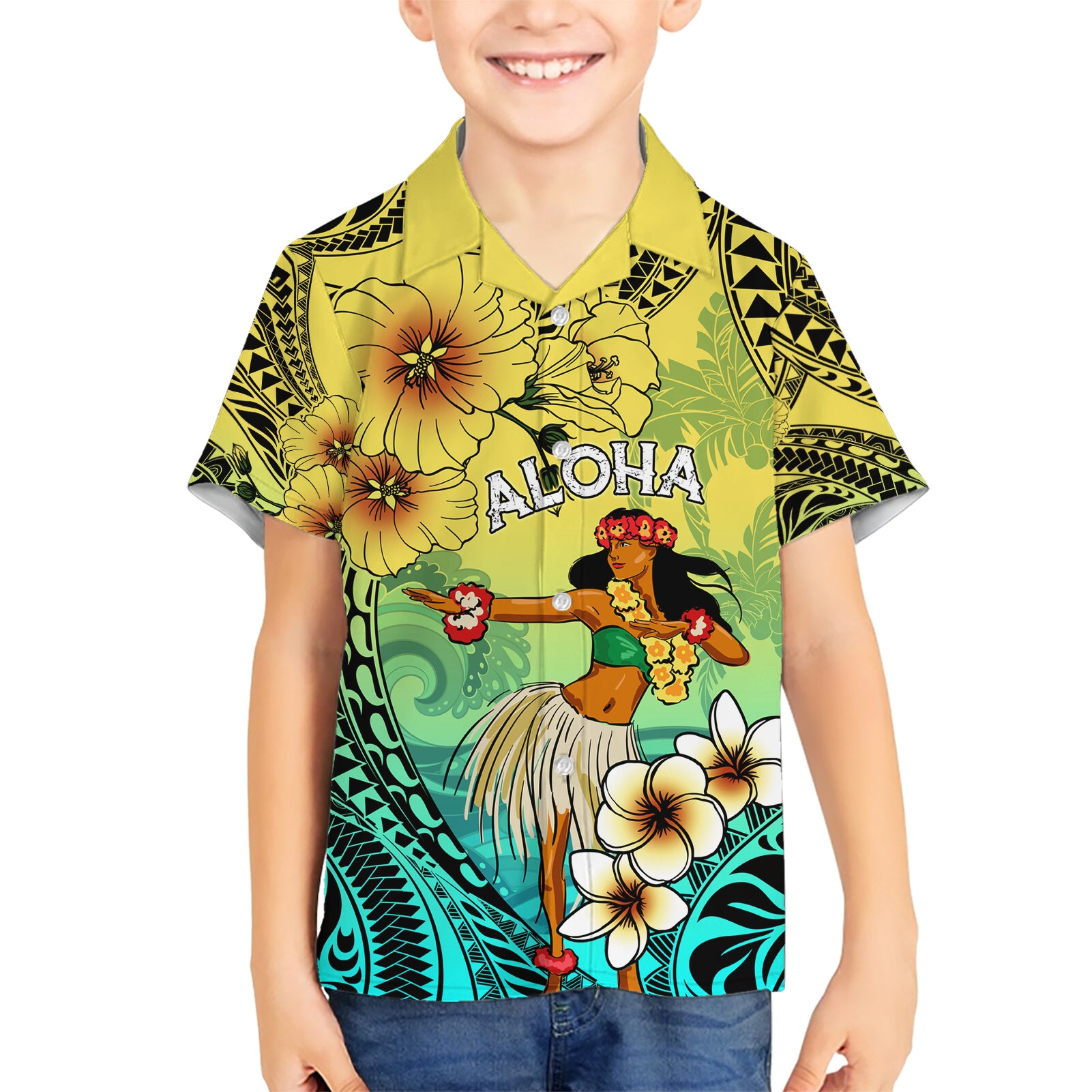 Honolulu Hawaii Kid Hawaiian Shirt Ilima Plumeria with Hula Girl LT7 Kid Colorful - Polynesian Pride