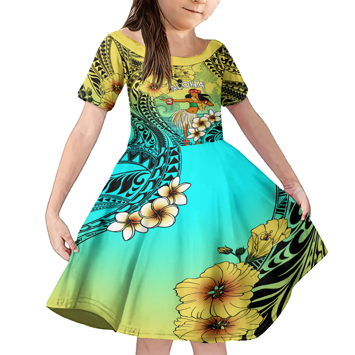Honolulu Hawaii Kid Short Sleeve Dress Ilima Plumeria with Hula Girl LT7 KID Colorful - Polynesian Pride