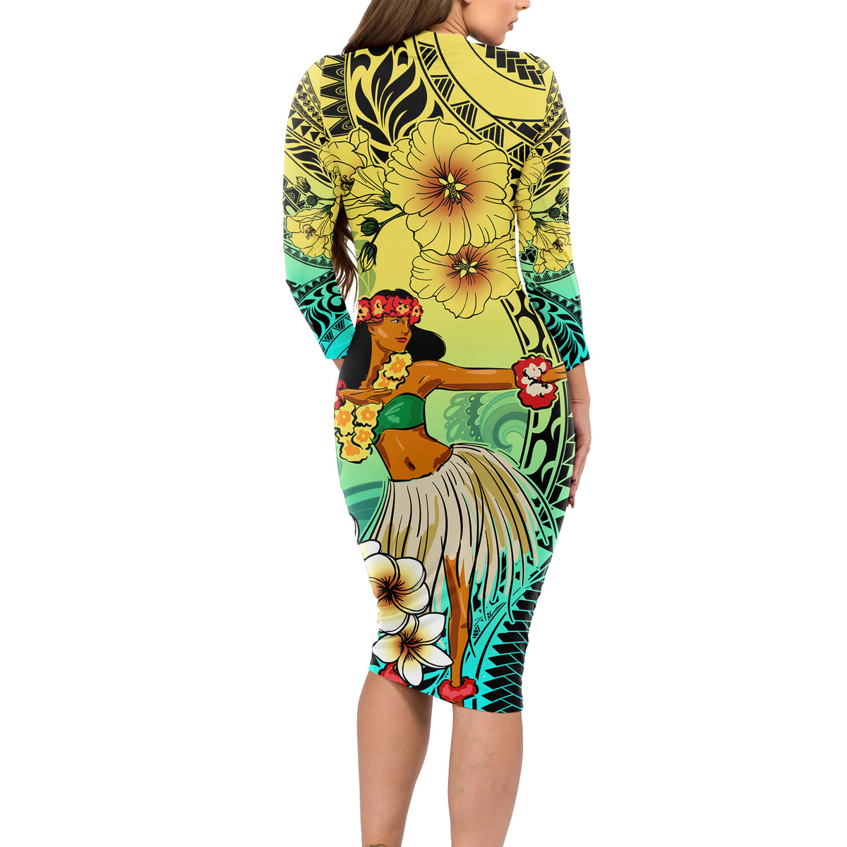 Honolulu Hawaii Long Sleeve Bodycon Dress Ilima Plumeria with Hula Girl LT7 - Polynesian Pride