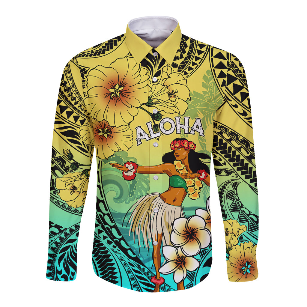 Honolulu Hawaii Long Sleeve Button Shirt Ilima Plumeria with Hula Girl LT7 Unisex Colorful - Polynesian Pride