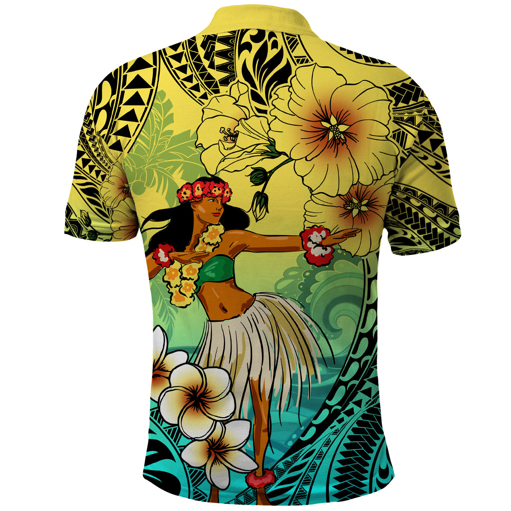 Honolulu Hawaii Polo Shirt Ilima Plumeria with Hula Girl LT7 - Polynesian Pride
