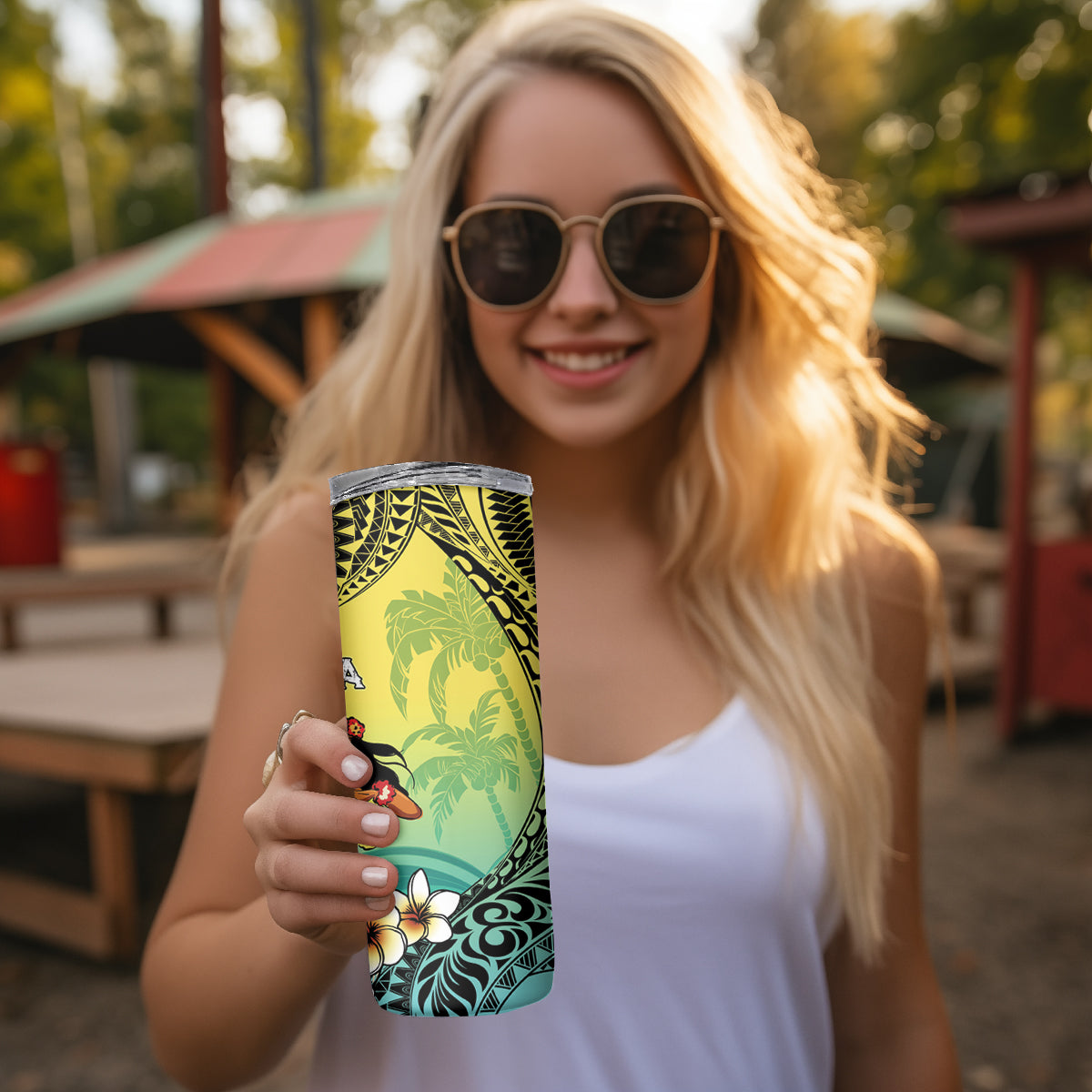 Honolulu Hawaii Skinny Tumbler Ilima Plumeria with Hula Girl