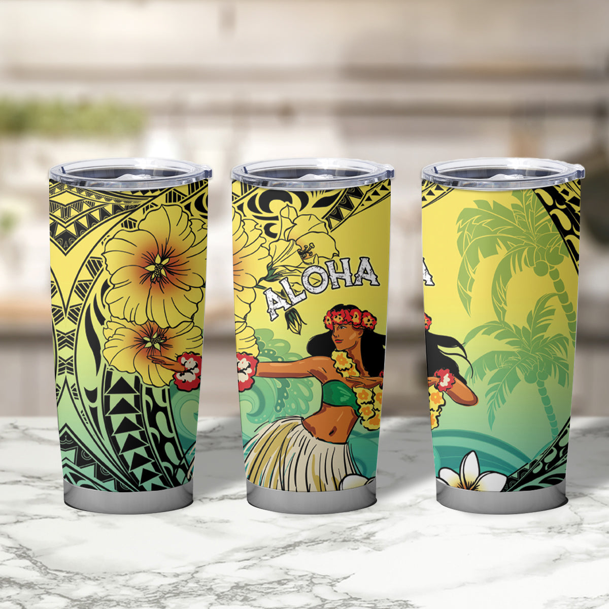 Honolulu Hawaii Tumbler Cup Ilima Plumeria with Hula Girl