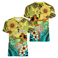 Honolulu Hawaii Women V Neck T Shirt Ilima Plumeria with Hula Girl LT7 - Polynesian Pride