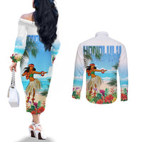 Personalised Hawaii Hula Girl Couples Matching Off The Shoulder Long Sleeve Dress and Long Sleeve Button Shirt Honolulu Festival LT7 - Polynesian Pride
