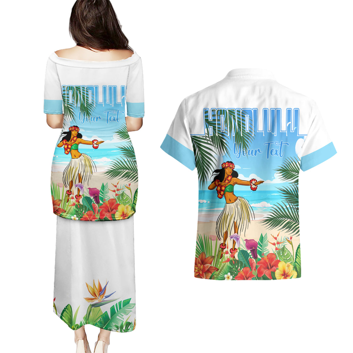 Personalised Hawaii Hula Girl Couples Matching Puletasi and Hawaiian Shirt Honolulu Festival LT7 - Polynesian Pride