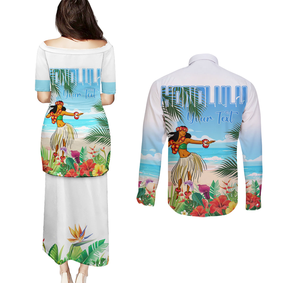 Personalised Hawaii Hula Girl Couples Matching Puletasi and Long Sleeve Button Shirt Honolulu Festival LT7 - Polynesian Pride