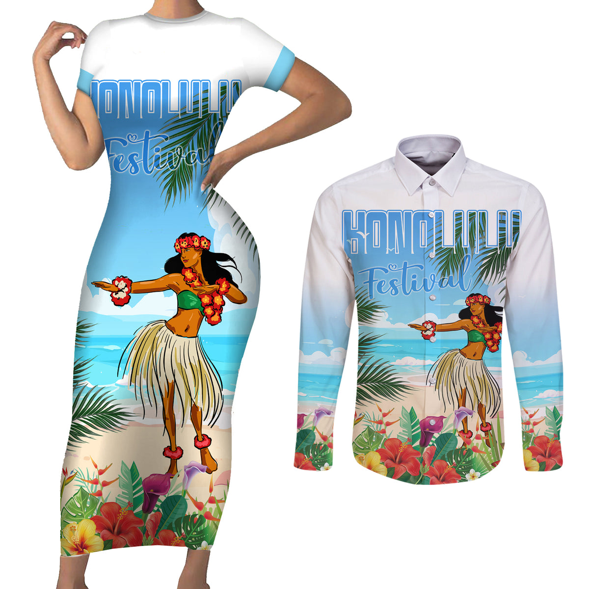 Personalised Hawaii Hula Girl Couples Matching Short Sleeve Bodycon Dress and Long Sleeve Button Shirt Honolulu Festival LT7 Art - Polynesian Pride