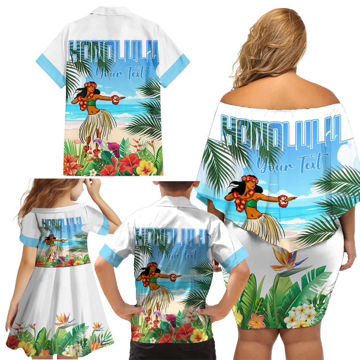 Personalised Hawaii Hula Girl Family Matching Off Shoulder Short Dress and Hawaiian Shirt Honolulu Festival LT7 - Polynesian Pride