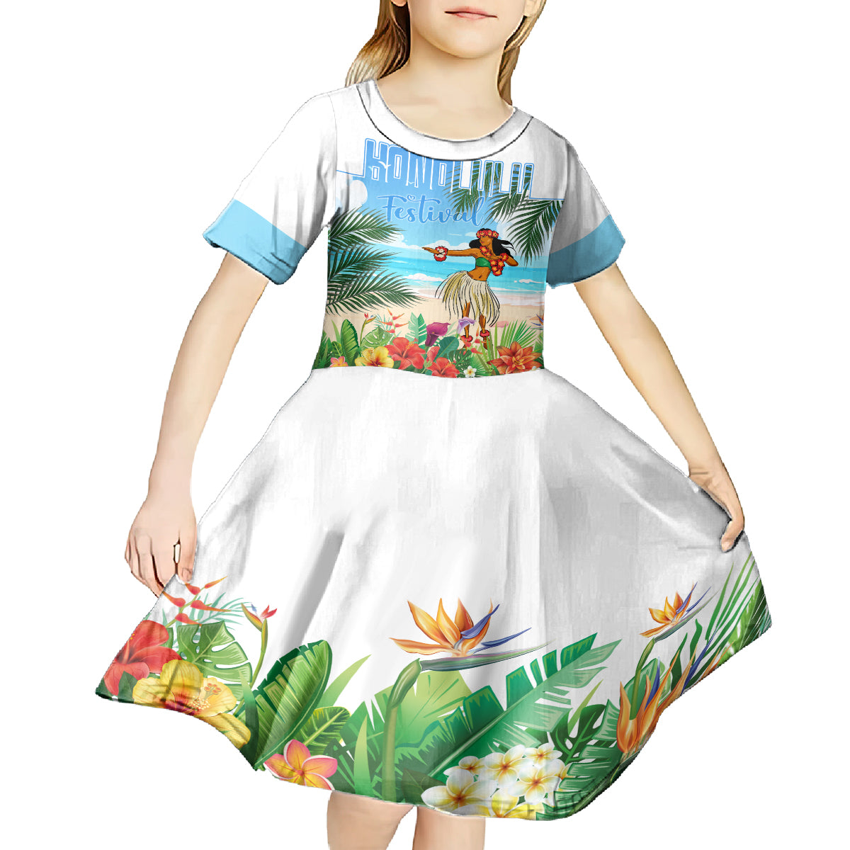 Personalised Hawaii Hula Girl Kid Short Sleeve Dress Honolulu Festival LT7 - Polynesian Pride
