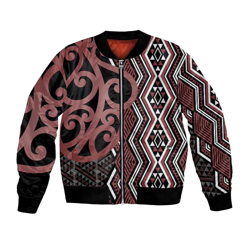 Maori Taniko Patterns Bomber Jacket Brown Patiki Motifs Mix Whakairo Ngaru LT7 Unisex Brown - Polynesian Pride