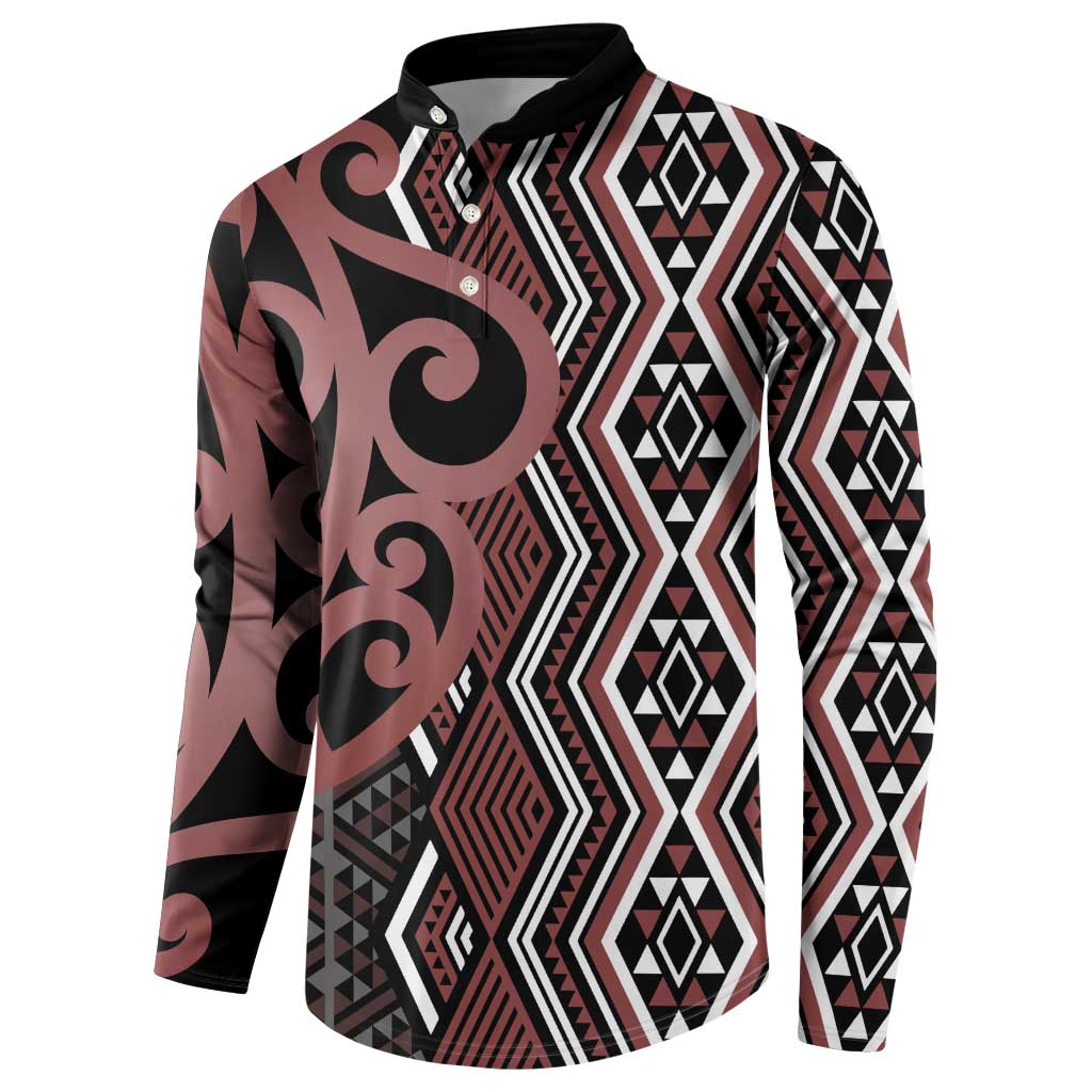 Maori Taniko Patterns Button Sweatshirt Brown Patiki Motifs Mix Whakairo Ngaru