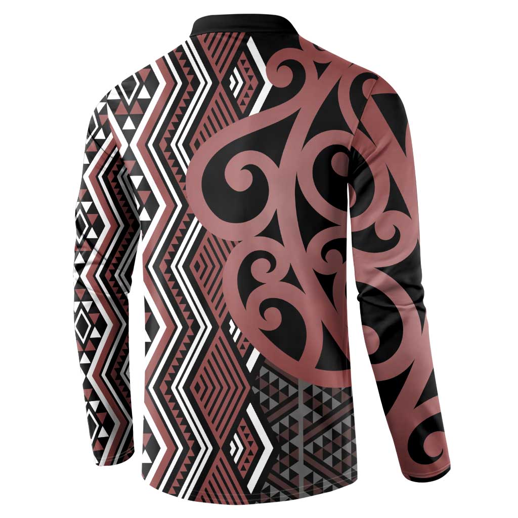 Maori Taniko Patterns Button Sweatshirt Brown Patiki Motifs Mix Whakairo Ngaru