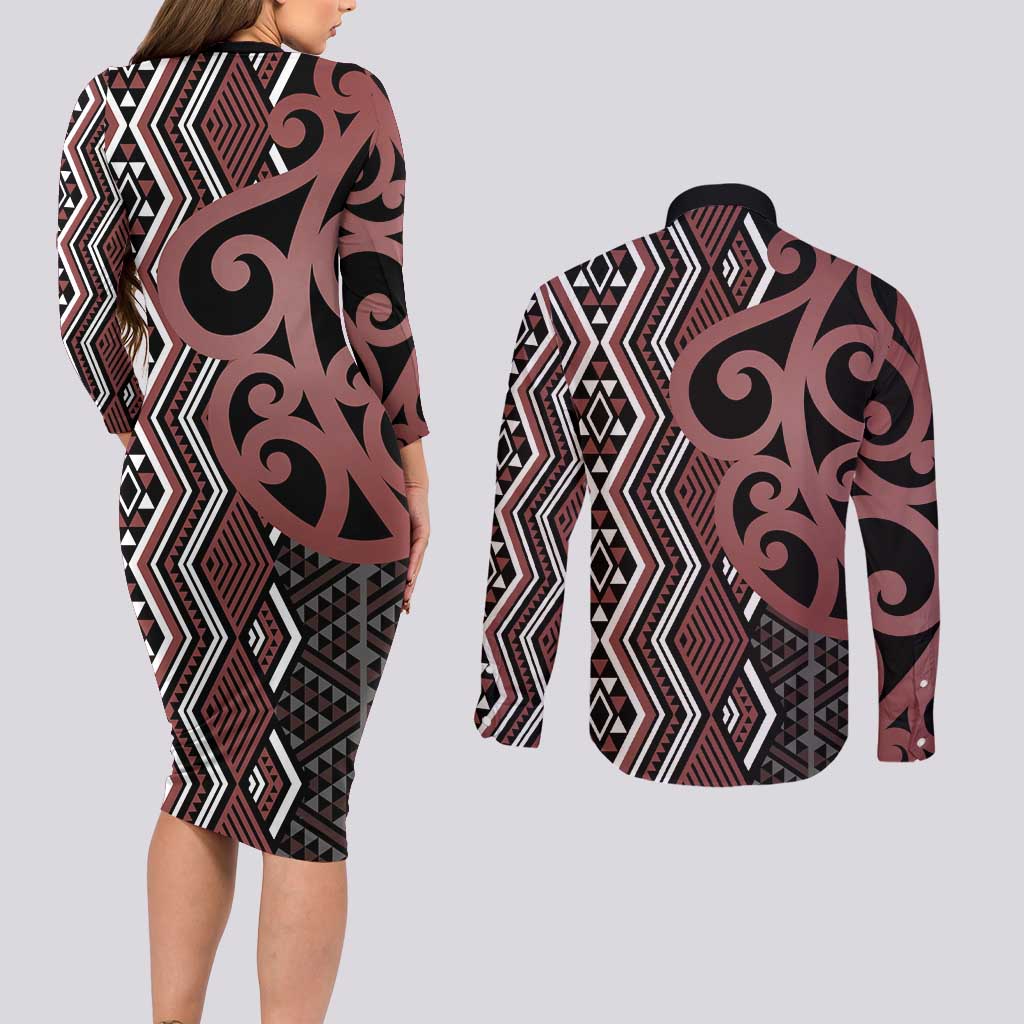 Maori Taniko Patterns Couples Matching Long Sleeve Bodycon Dress and Long Sleeve Button Shirt Brown Patiki Motifs Mix Whakairo Ngaru