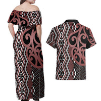 Maori Taniko Patterns Couples Matching Off Shoulder Maxi Dress and Hawaiian Shirt Brown Patiki Motifs Mix Whakairo Ngaru