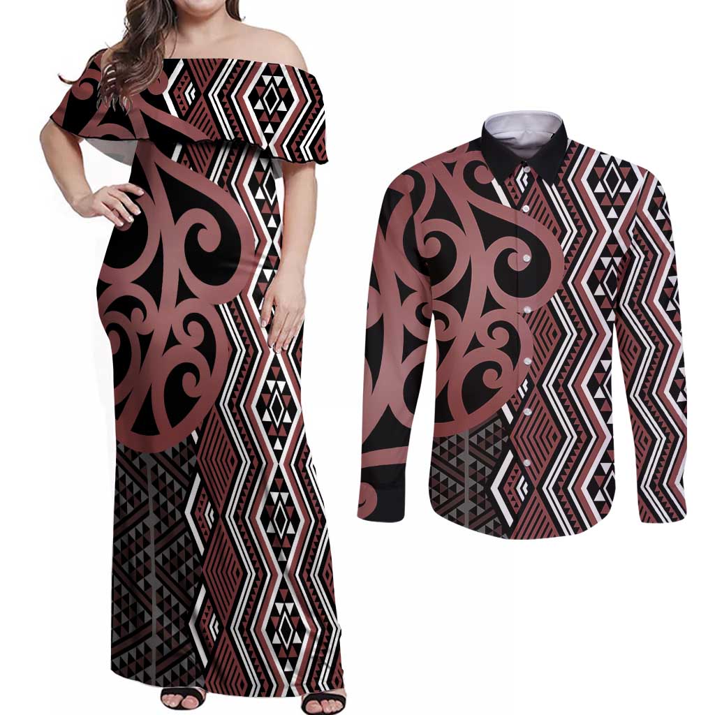 Maori Taniko Patterns Couples Matching Off Shoulder Maxi Dress and Long Sleeve Button Shirt Brown Patiki Motifs Mix Whakairo Ngaru