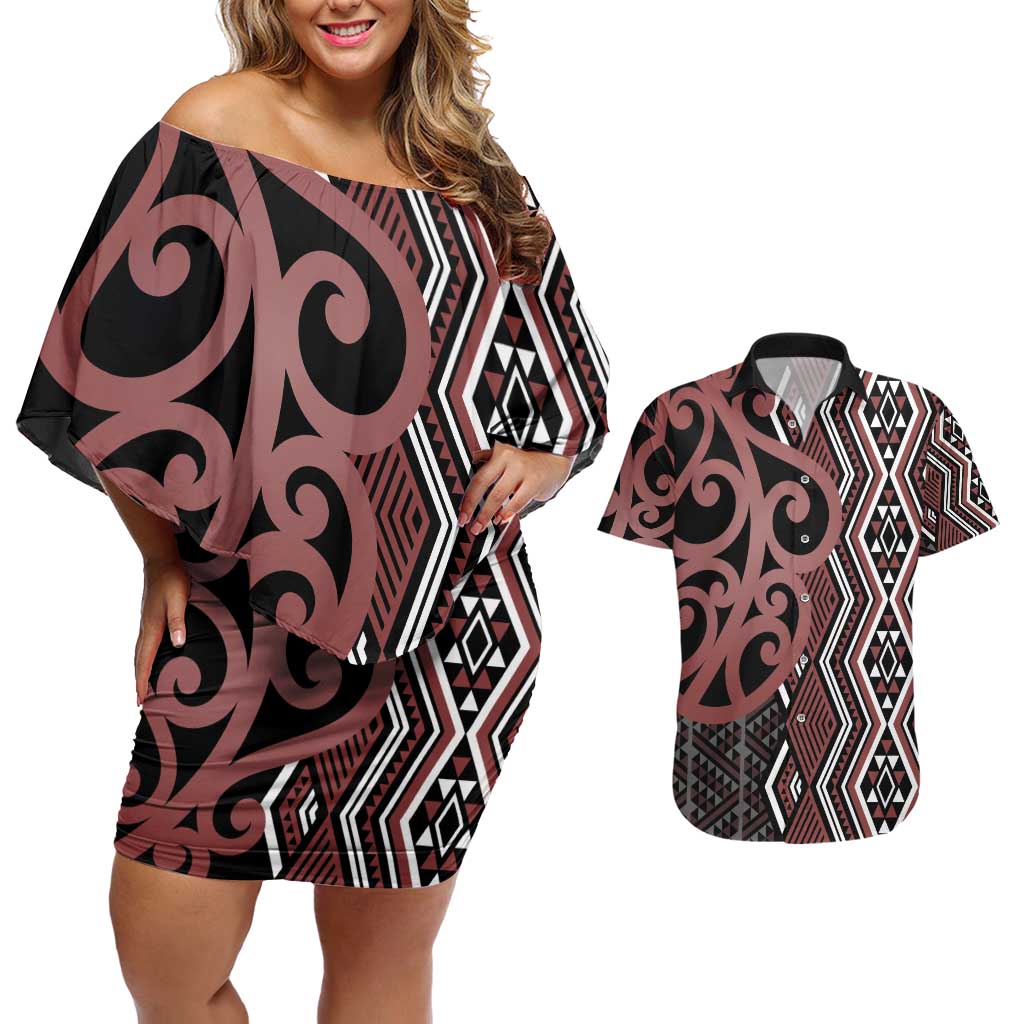 Maori Taniko Patterns Couples Matching Off Shoulder Short Dress and Hawaiian Shirt Brown Patiki Motifs Mix Whakairo Ngaru