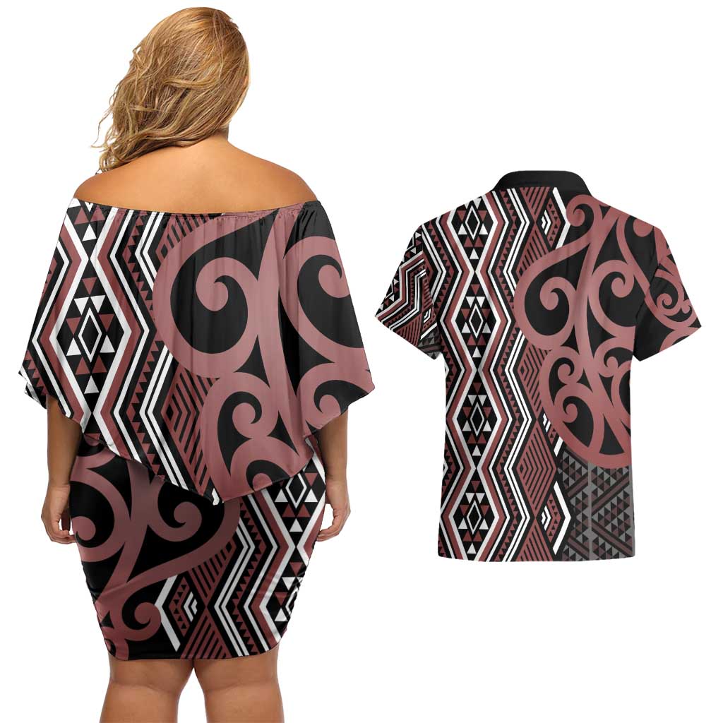 Maori Taniko Patterns Couples Matching Off Shoulder Short Dress and Hawaiian Shirt Brown Patiki Motifs Mix Whakairo Ngaru