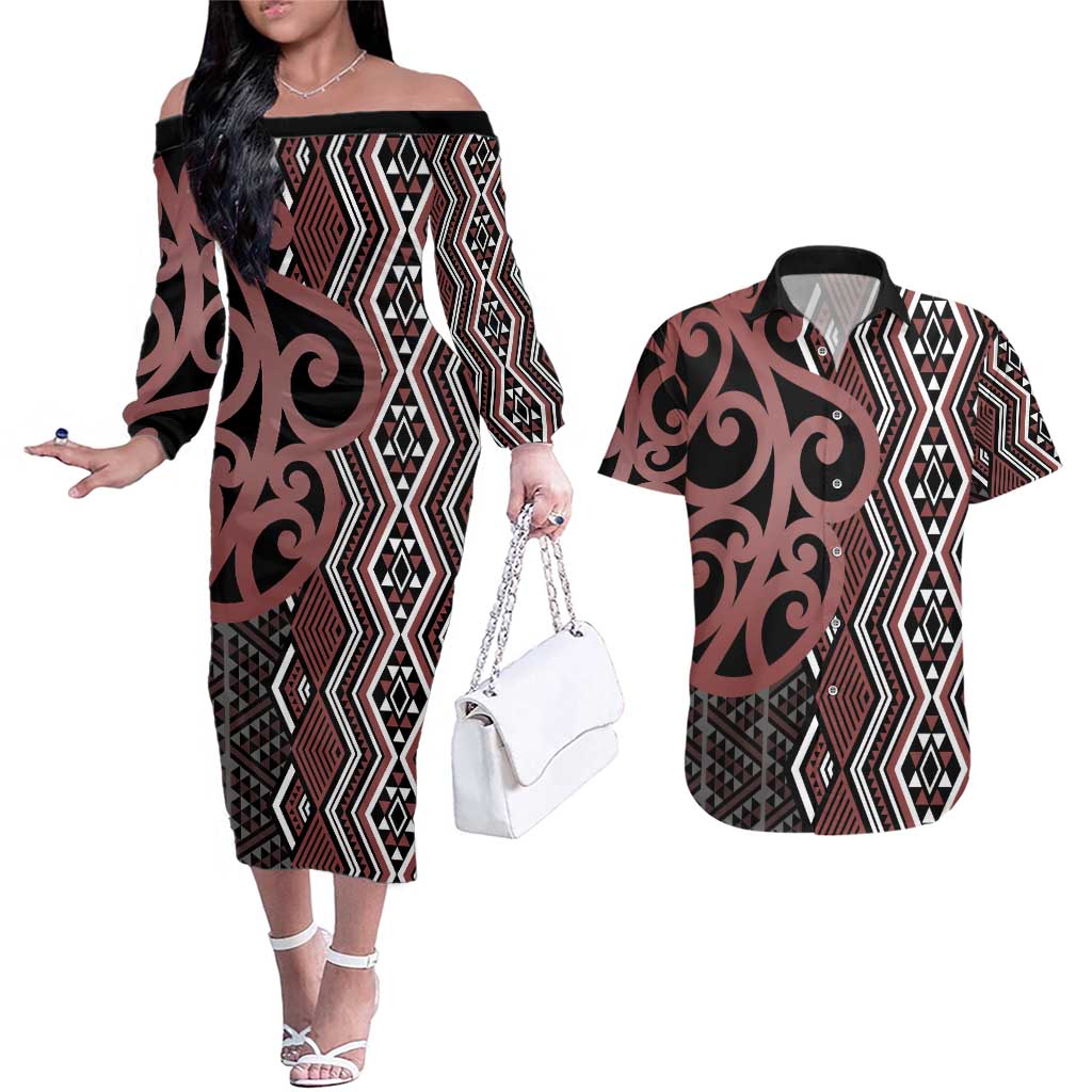 Maori Taniko Patterns Couples Matching Off The Shoulder Long Sleeve Dress and Hawaiian Shirt Brown Patiki Motifs Mix Whakairo Ngaru LT7 Brown - Polynesian Pride